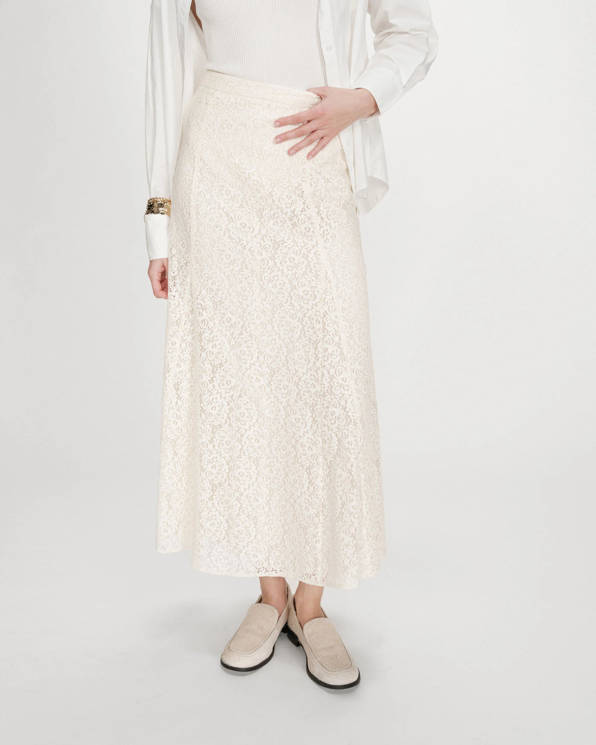 Ecru Visenya flared long lace skirt by Grace&Mila